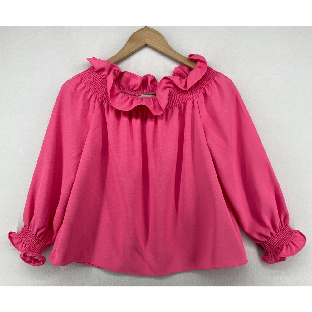 TUCKERNUCK Top XS Shirred Ruffle Off the Shoulder Long Sleeve Blouse Pink - Picture 2 of 13